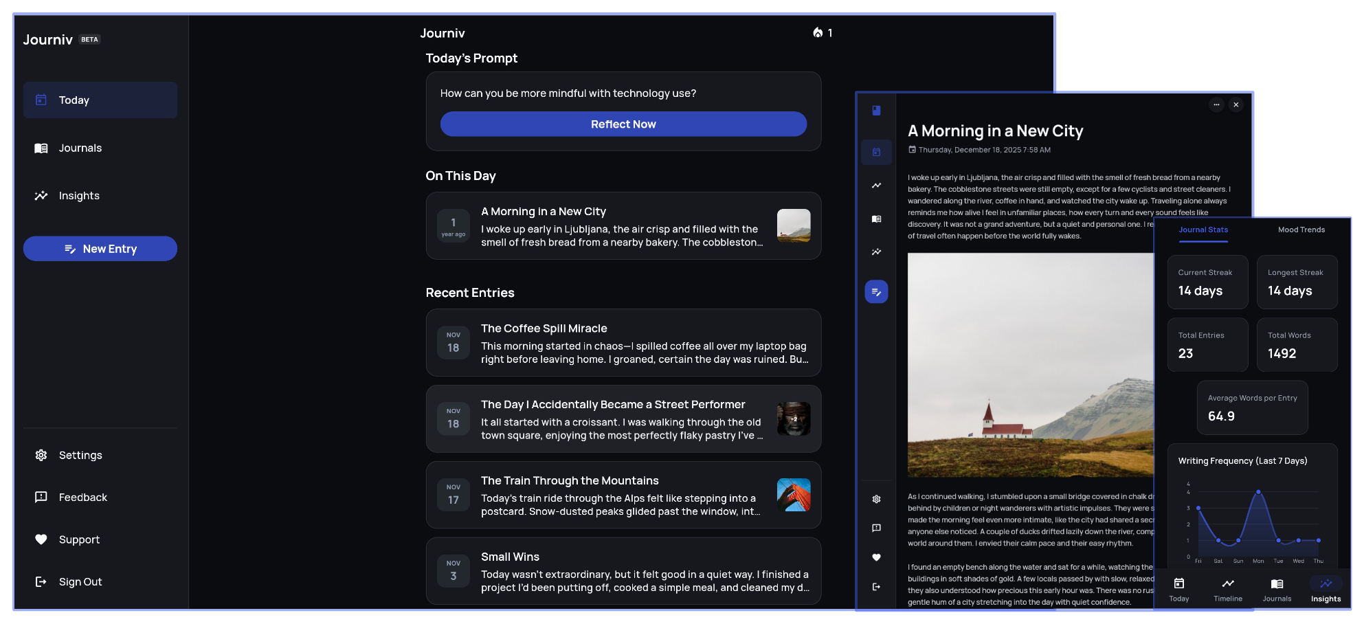 Journiv Dashboard Screenshot (Dark Mode)