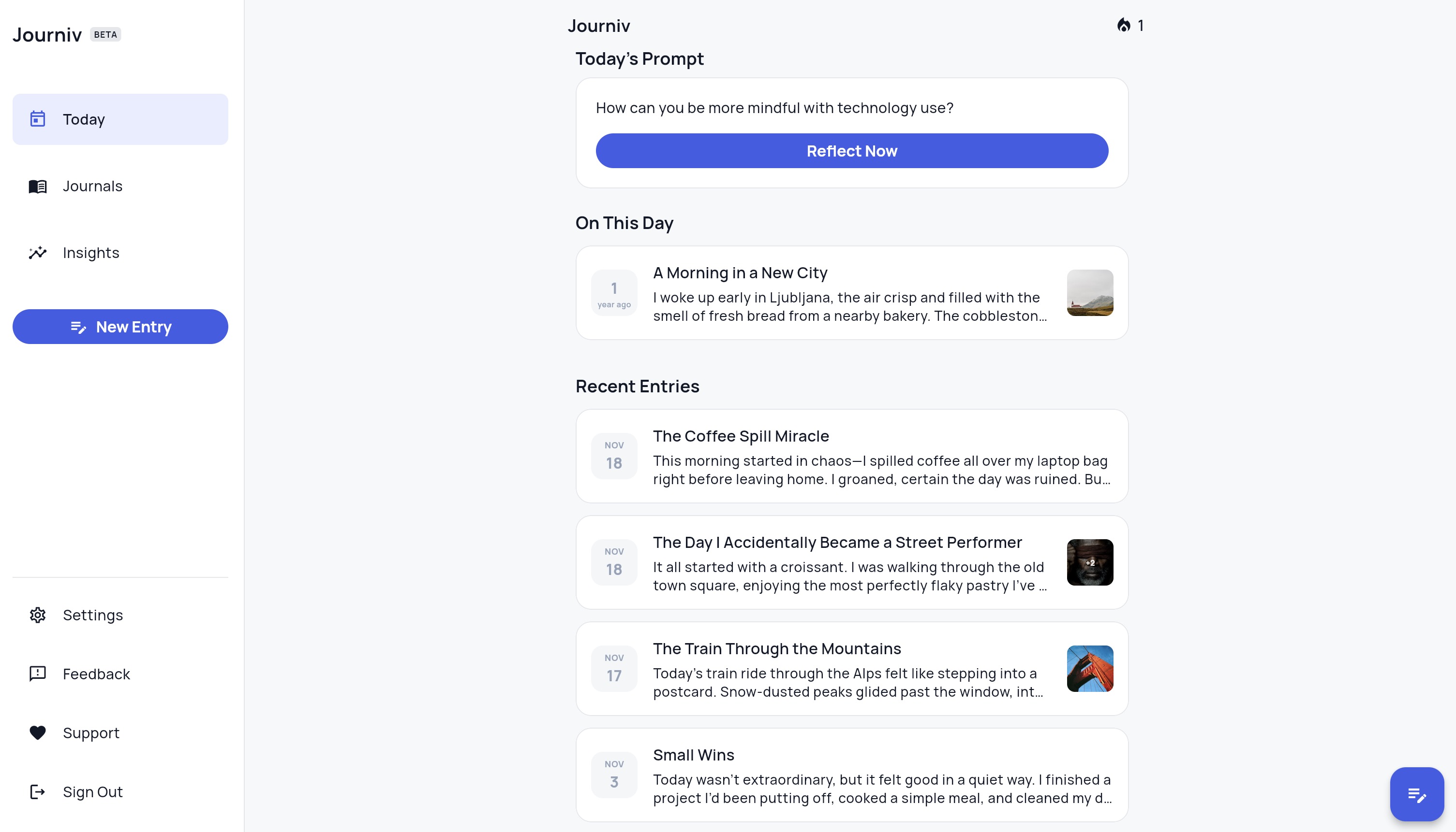 Journiv Dashboard Screenshot (Light Mode)